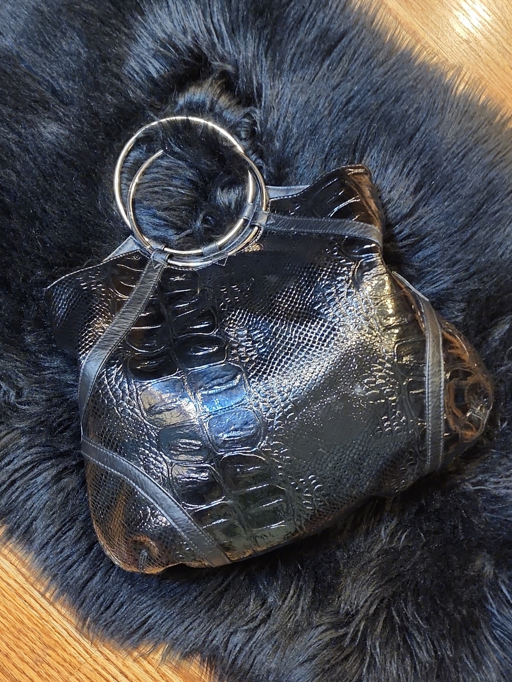 Black Faux Croc-Embossed Tote Bag with Silver Ring Handles